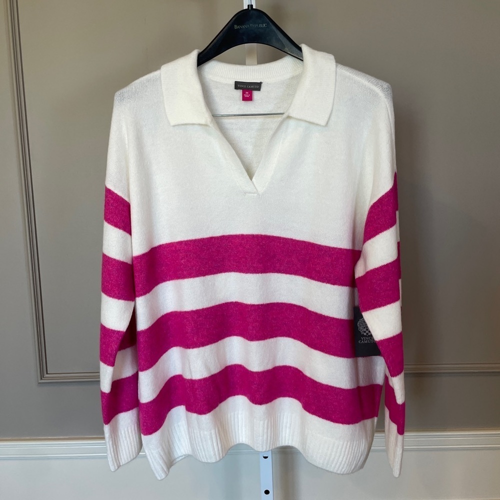 Vince Camuto NWT Sweater 3XL White Pink Romantic Wide Stripe Collar Old Money